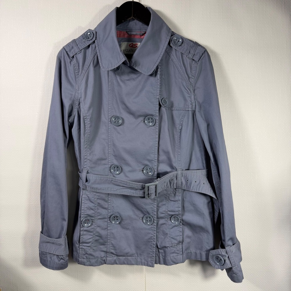 QS by s.Oliver Women Blue Double Breasted Belted Short Trench Coat Jacket XL